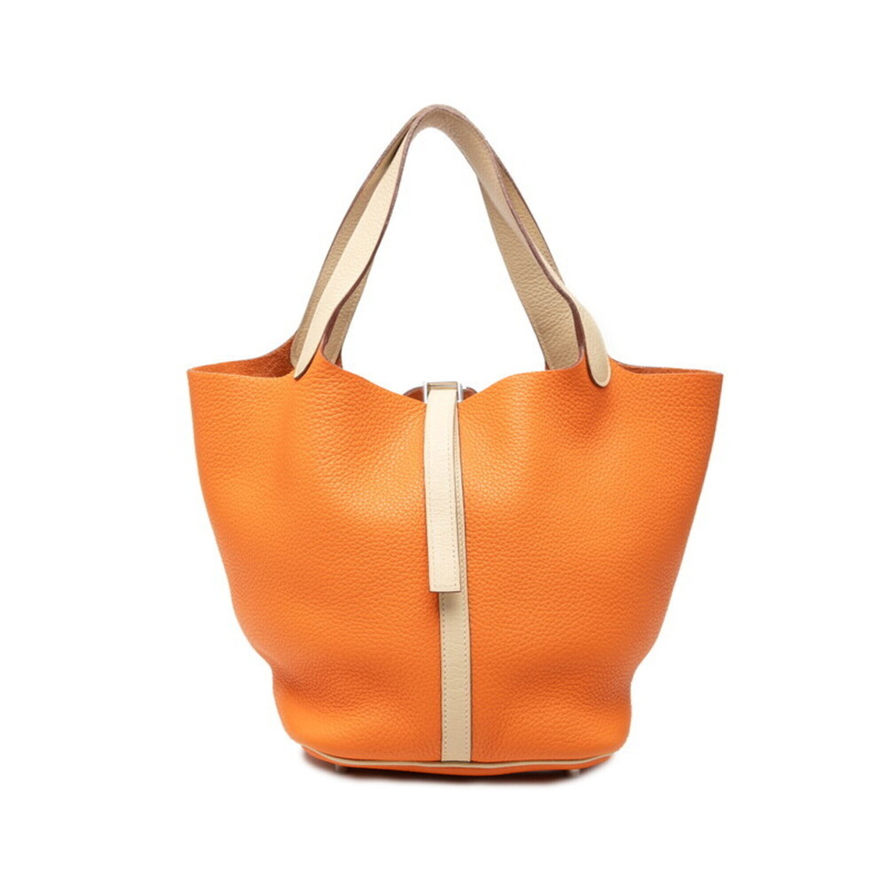 Hermes Picotin Lock MM handbag, orange/ivory, silver hardware, Taurillon Clem...